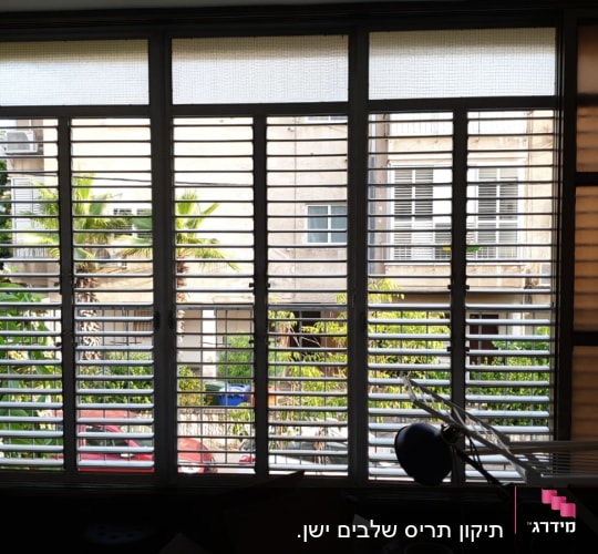 תריסים אופקיים על חלון גדול עם נוף חיצוני